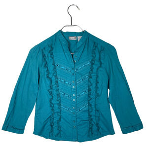 Y2K Rave Womens Blouse S Teal Lace Ruffle Button Down Rave Fairy Frilly Boho